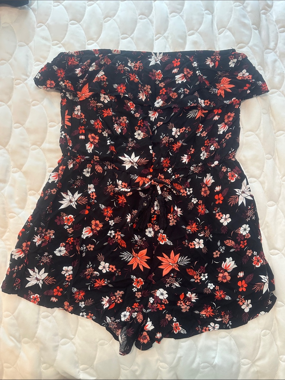 Mossimo Supply Co. Black Off-Shoulder Floral Bodysuit with Red & White Flowers
